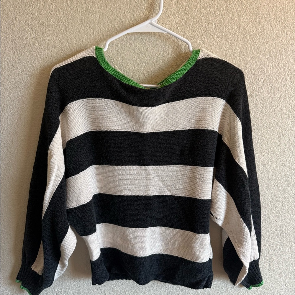 Maeve Anthropologie Slouchy Boatneck Black & White Striped Sweater Green Touch - Picture 2 of 10